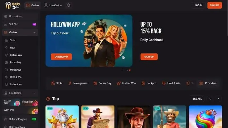 Hollywin im Test als Online Casino ohne OASIS mit Cashback